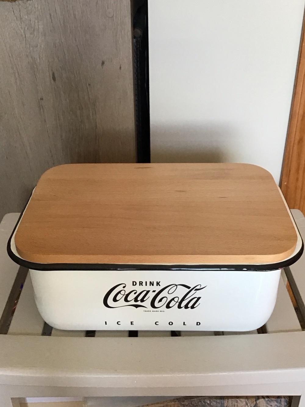Coca-Cola White Metal Bread Box with Wood Lid